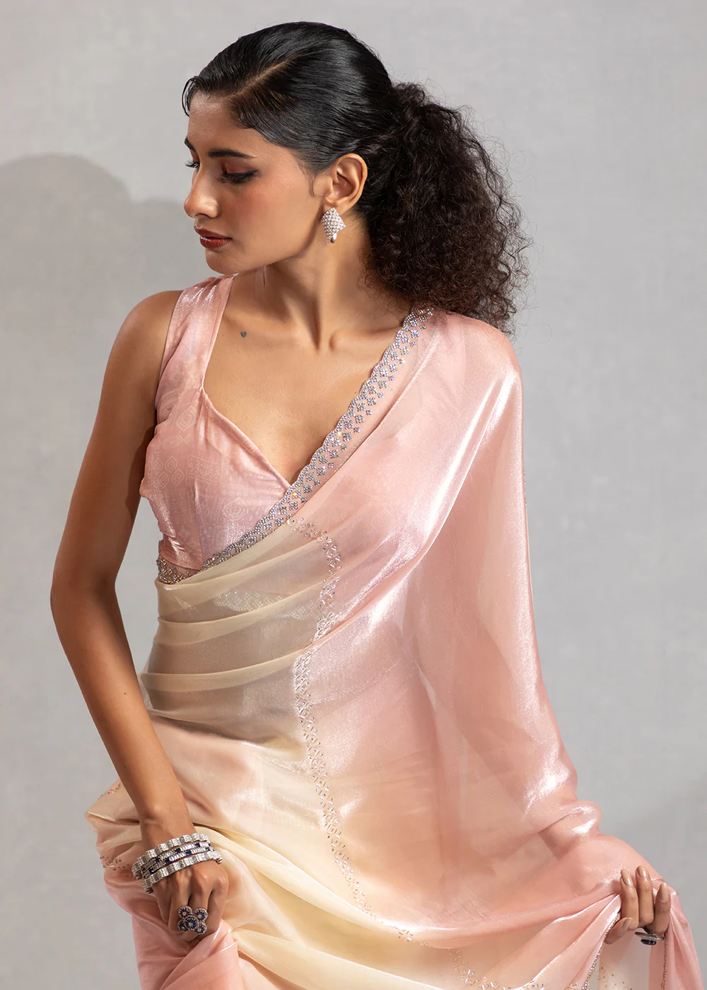 Blush Pink & Off White Satin Silk Designer Saree - Image 2