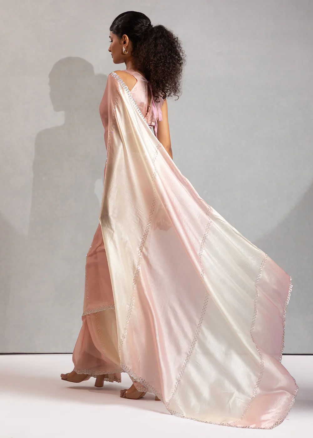 Blush Pink & Off White Satin Silk Designer Saree - Image 3