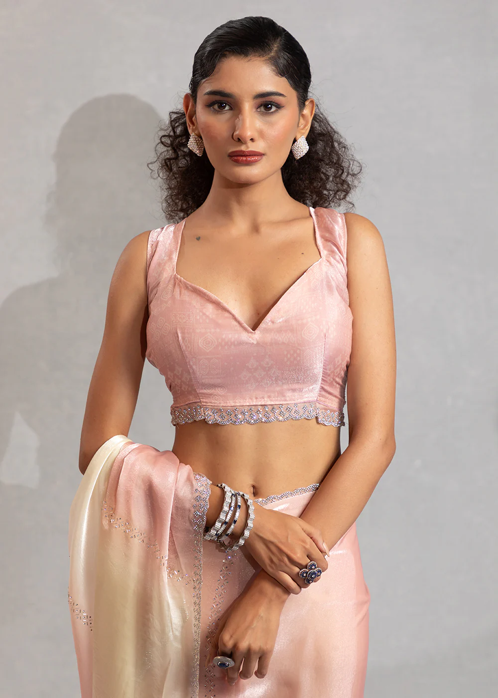 Blush Pink & Off White Satin Silk Designer Saree - Image 5