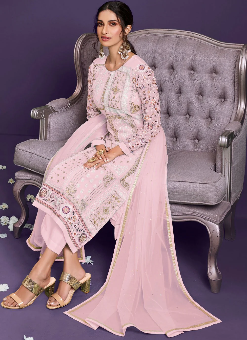 Blush Pink Pakistani Style Georgette Embroidered Salwar Suit - Image 3