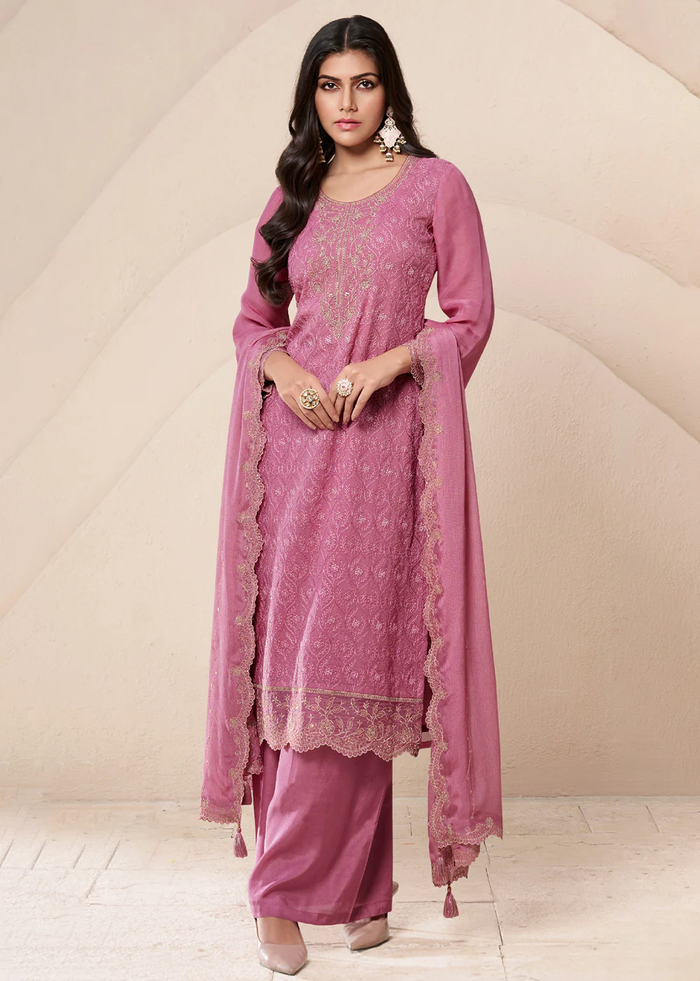 Blush Pink Schiffli Embroidered Organza Palazzo Salwar Suit