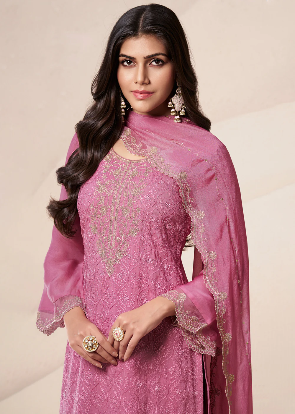 Blush Pink Schiffli Embroidered Organza Palazzo Salwar Suit - Image 2