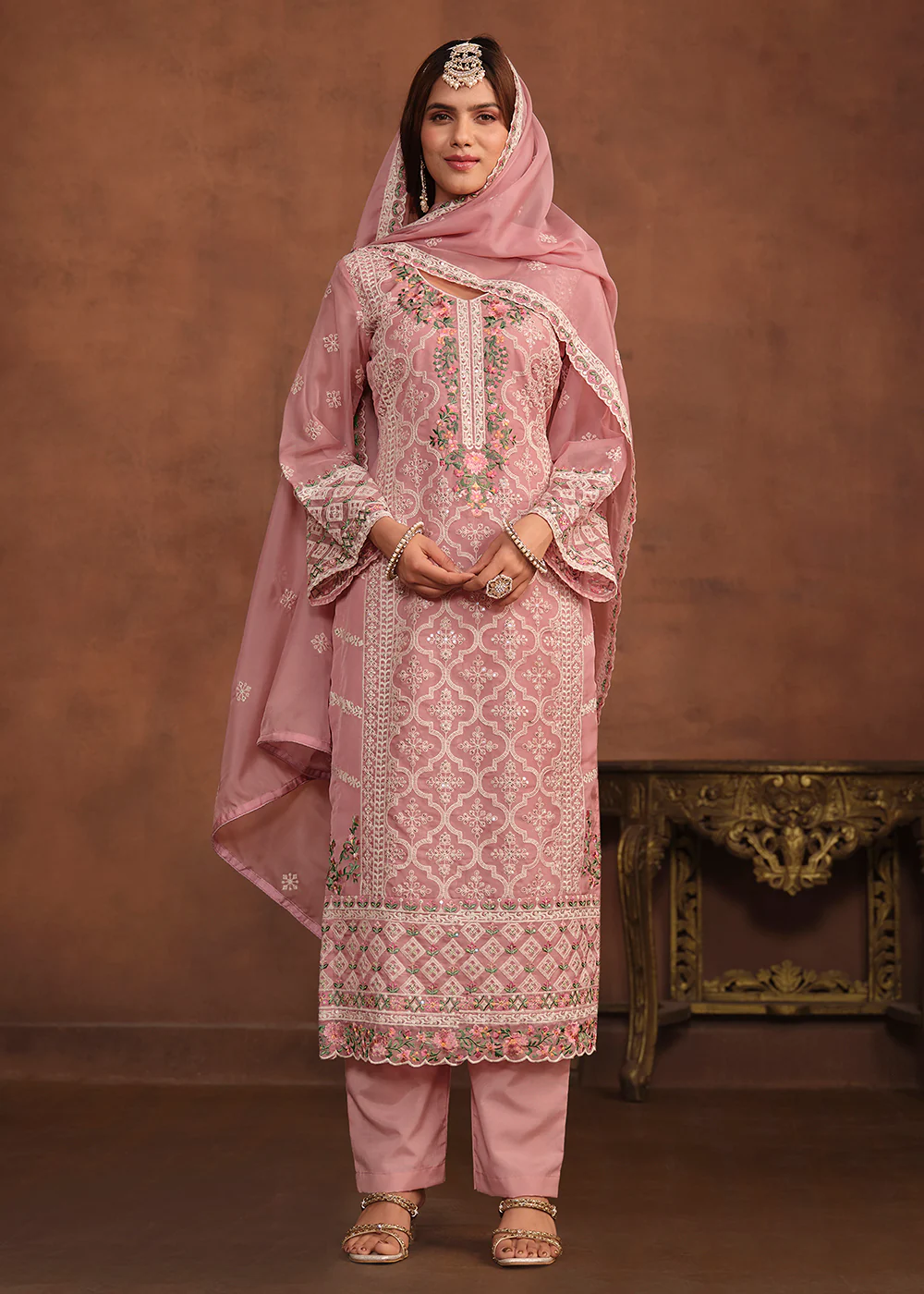 Blush Pink Soft Organza Embroidered Festive Salwar Suit - Image 3