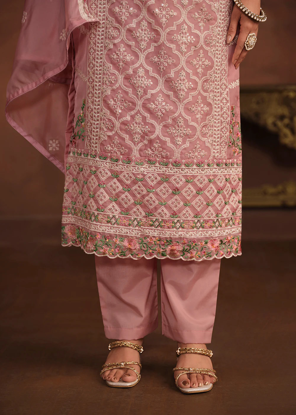 Blush Pink Soft Organza Embroidered Festive Salwar Suit - Image 4
