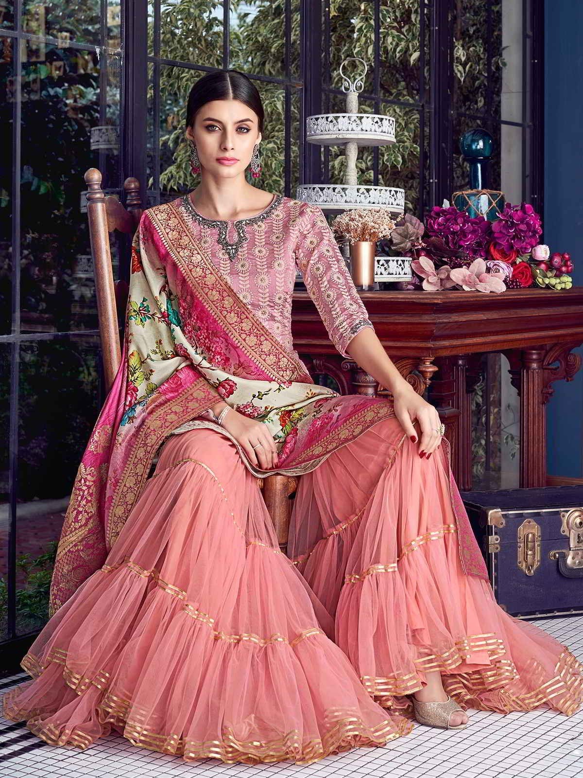 Blush Pink Lucknowi Embroidered Pakistani Style Gharara Suit - Image 2
