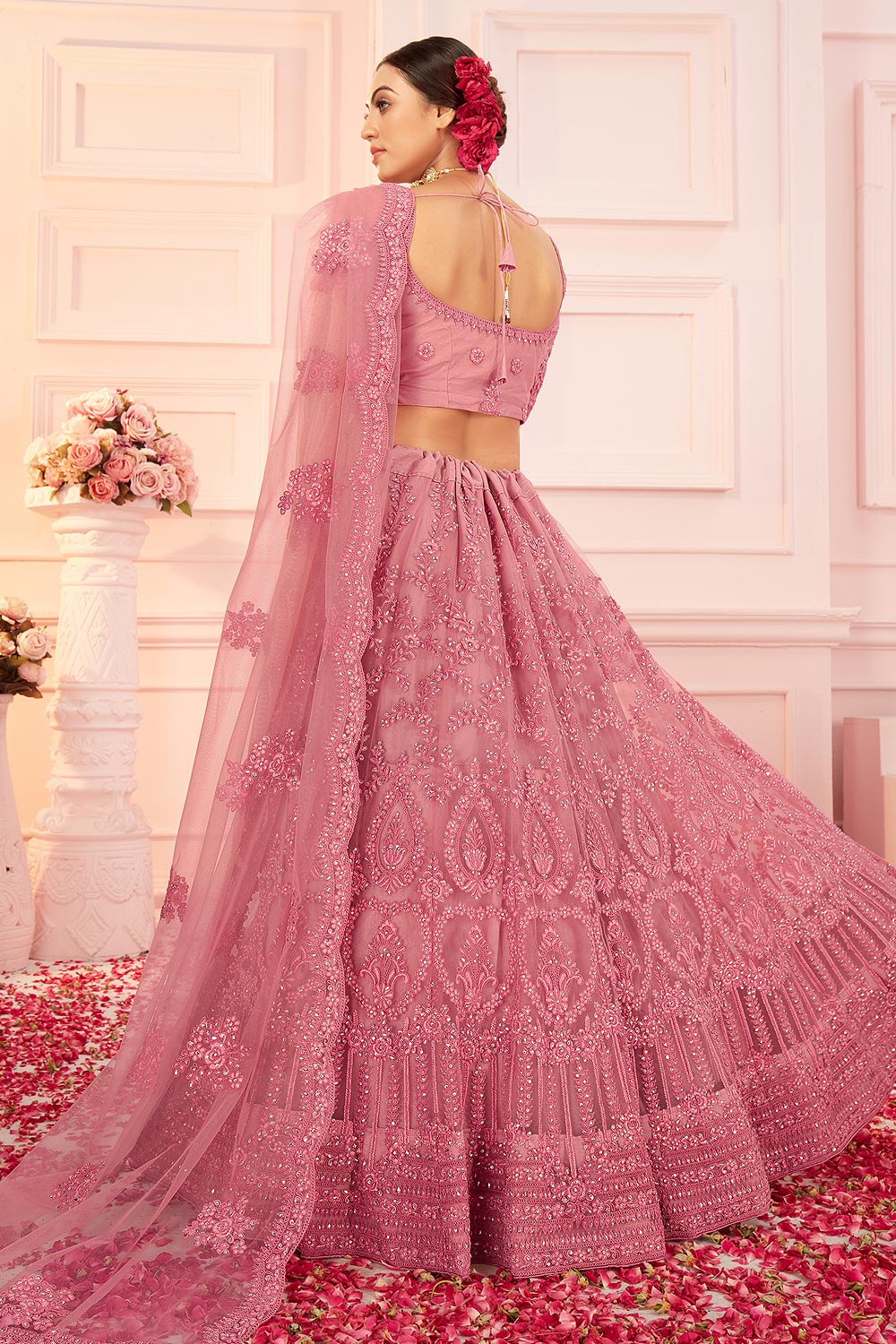 Blush Pink Wedding Stone Embroidered Lehanga - Image 4