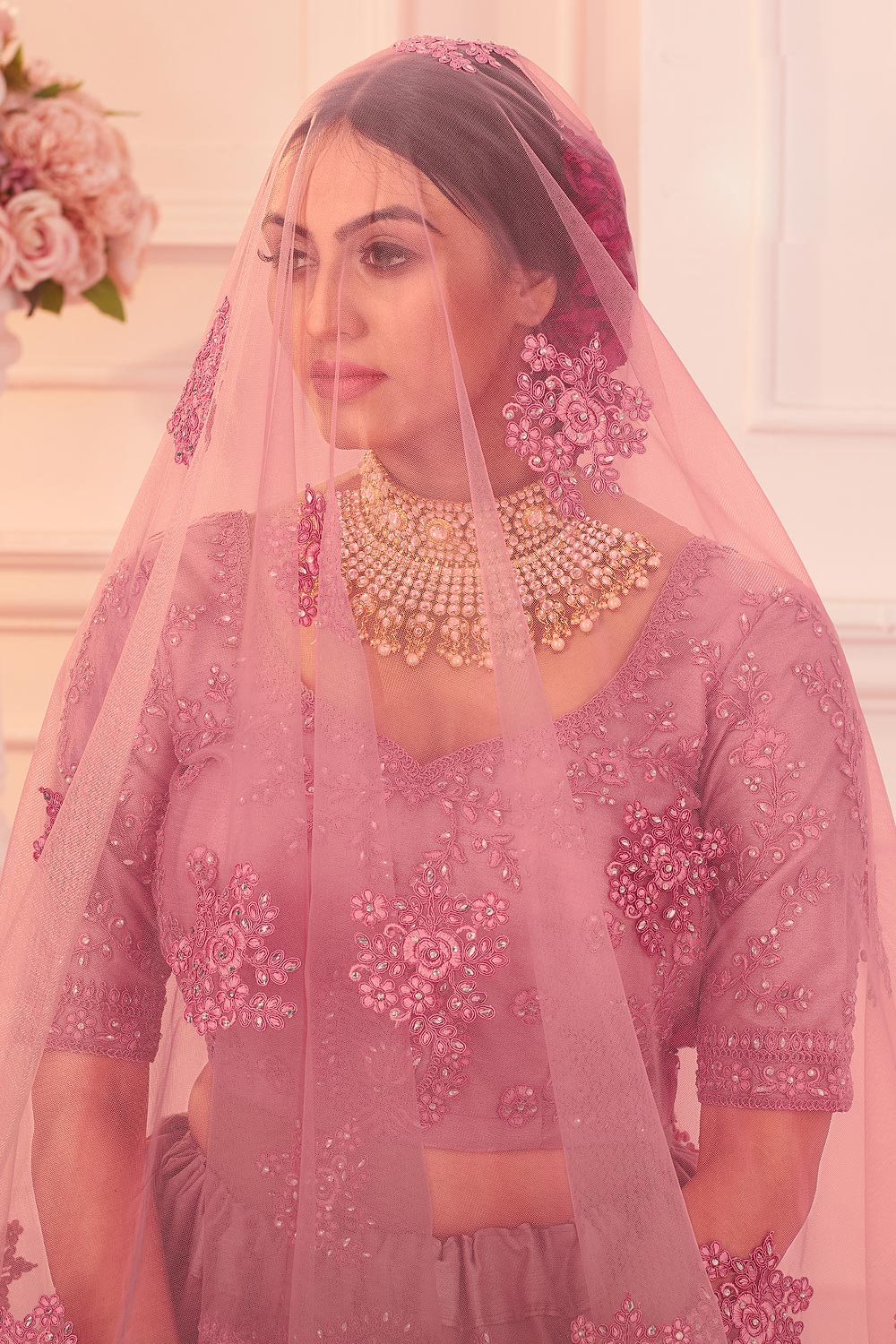 Blush Pink Wedding Stone Embroidered Lehanga - Image 5