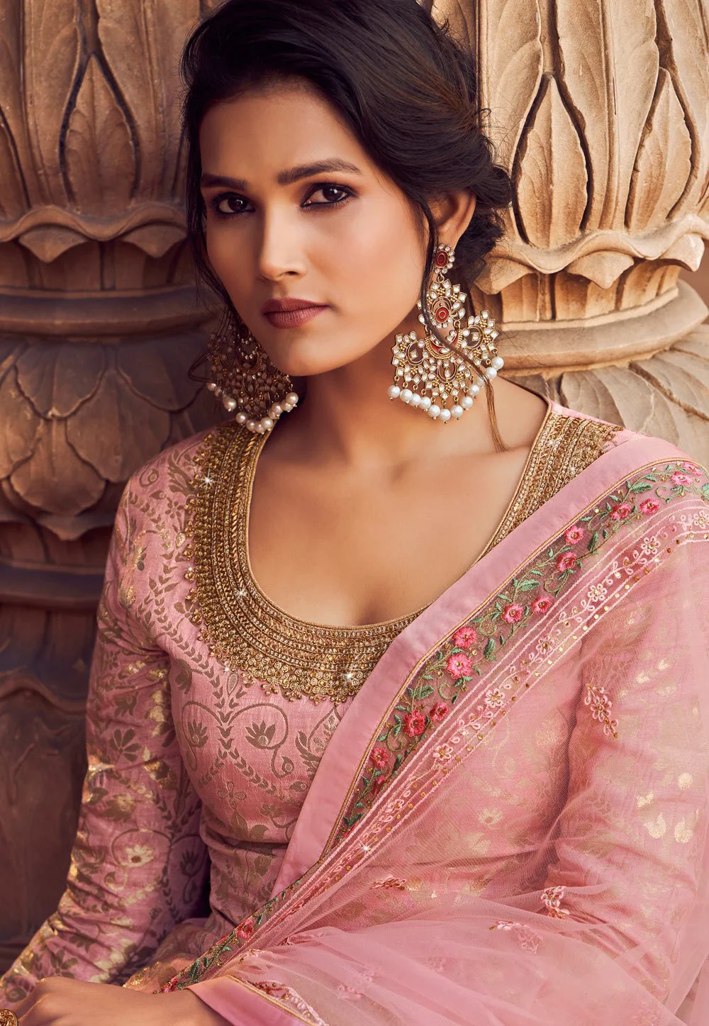 Blush Pink Zari Embroidered Lehenga Style Suit - Image 2
