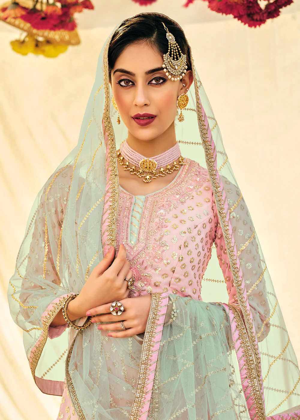 Blush Pink Zari & Mirror Embroidered Festive Sharara Suit - Image 2