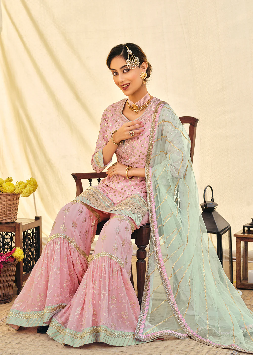 Blush Pink Zari & Mirror Embroidered Festive Sharara Suit - Image 3