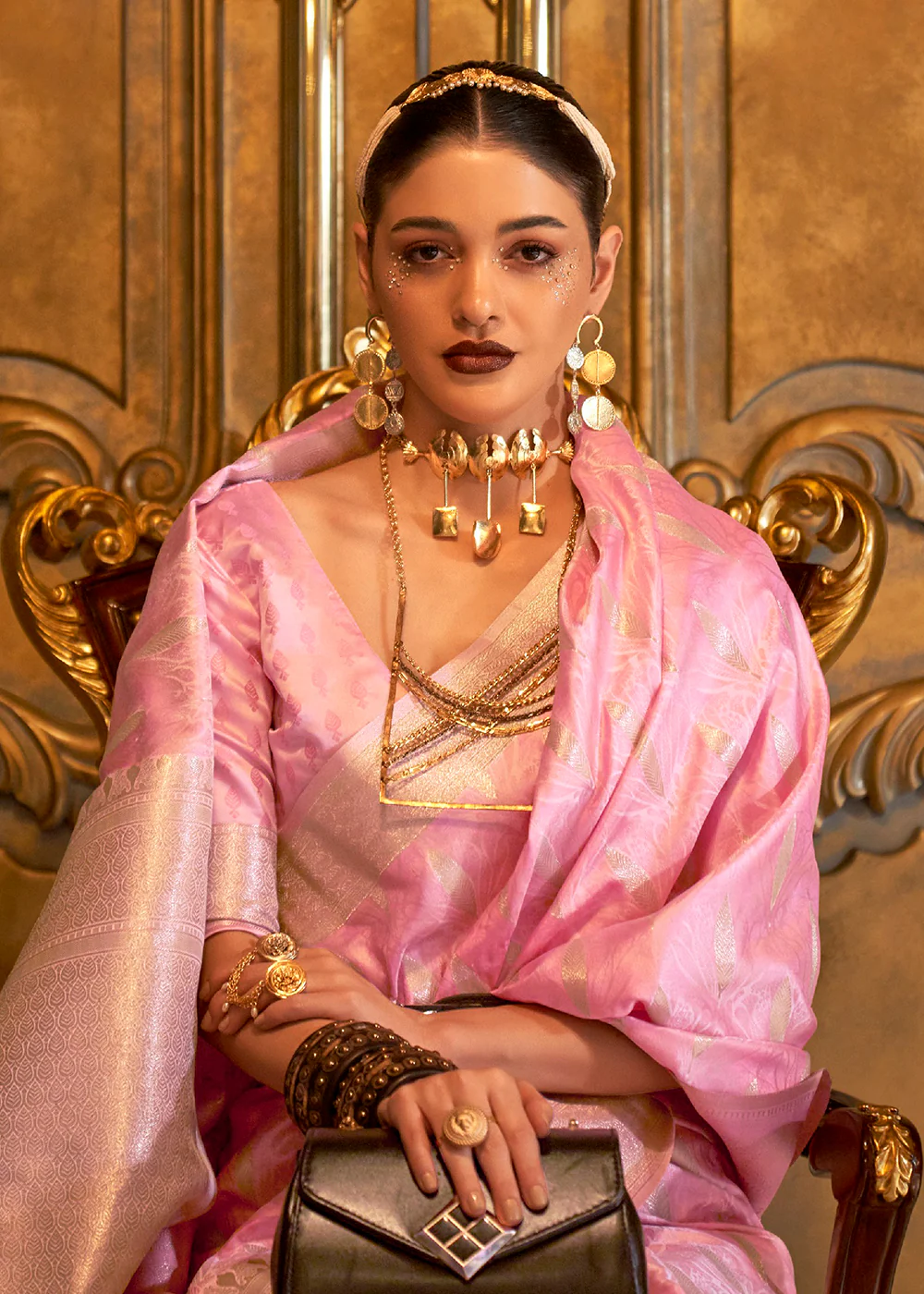Bollywood Style Adorable Pink Pure Satin Silk Saree - Image 2