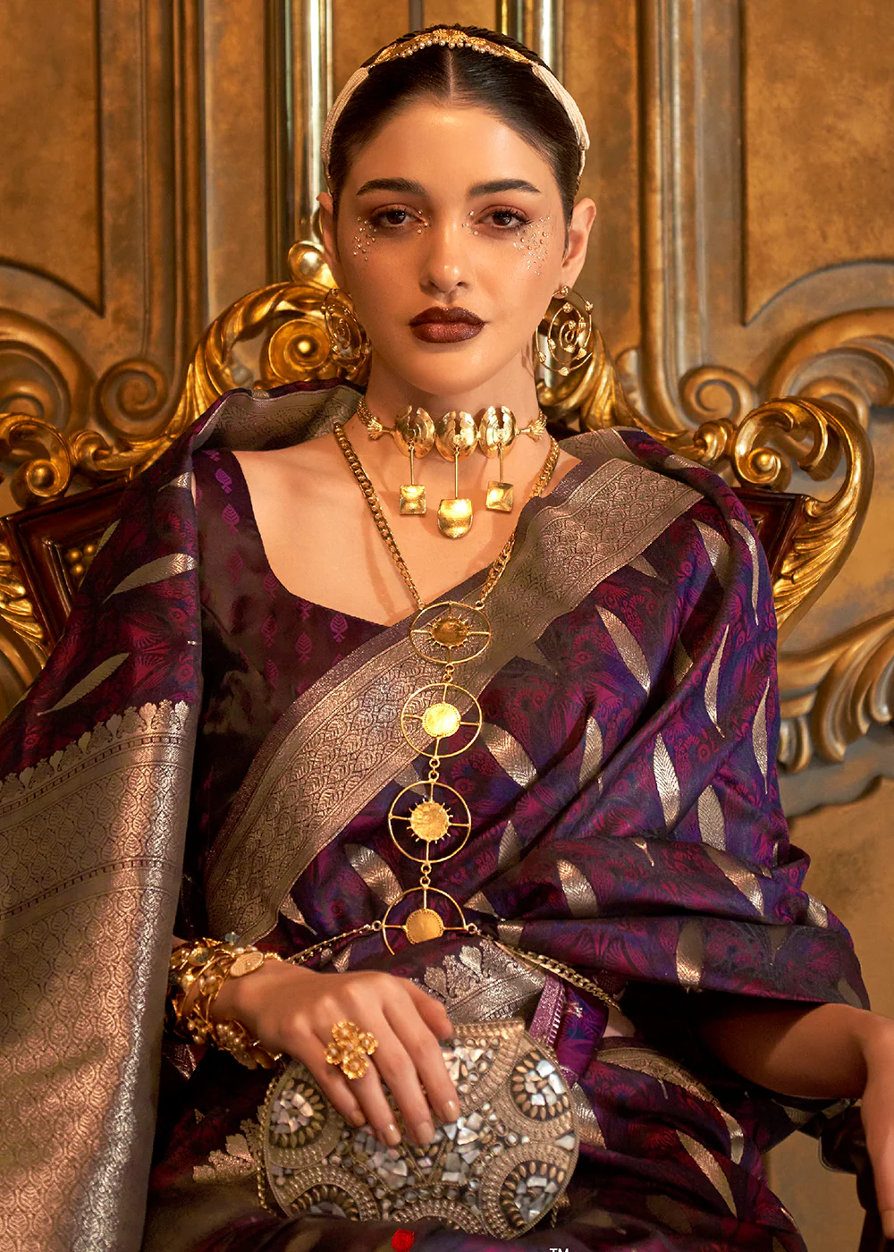 Bollywood Style Astonishing Purple Pure Satin Silk Saree - Image 2