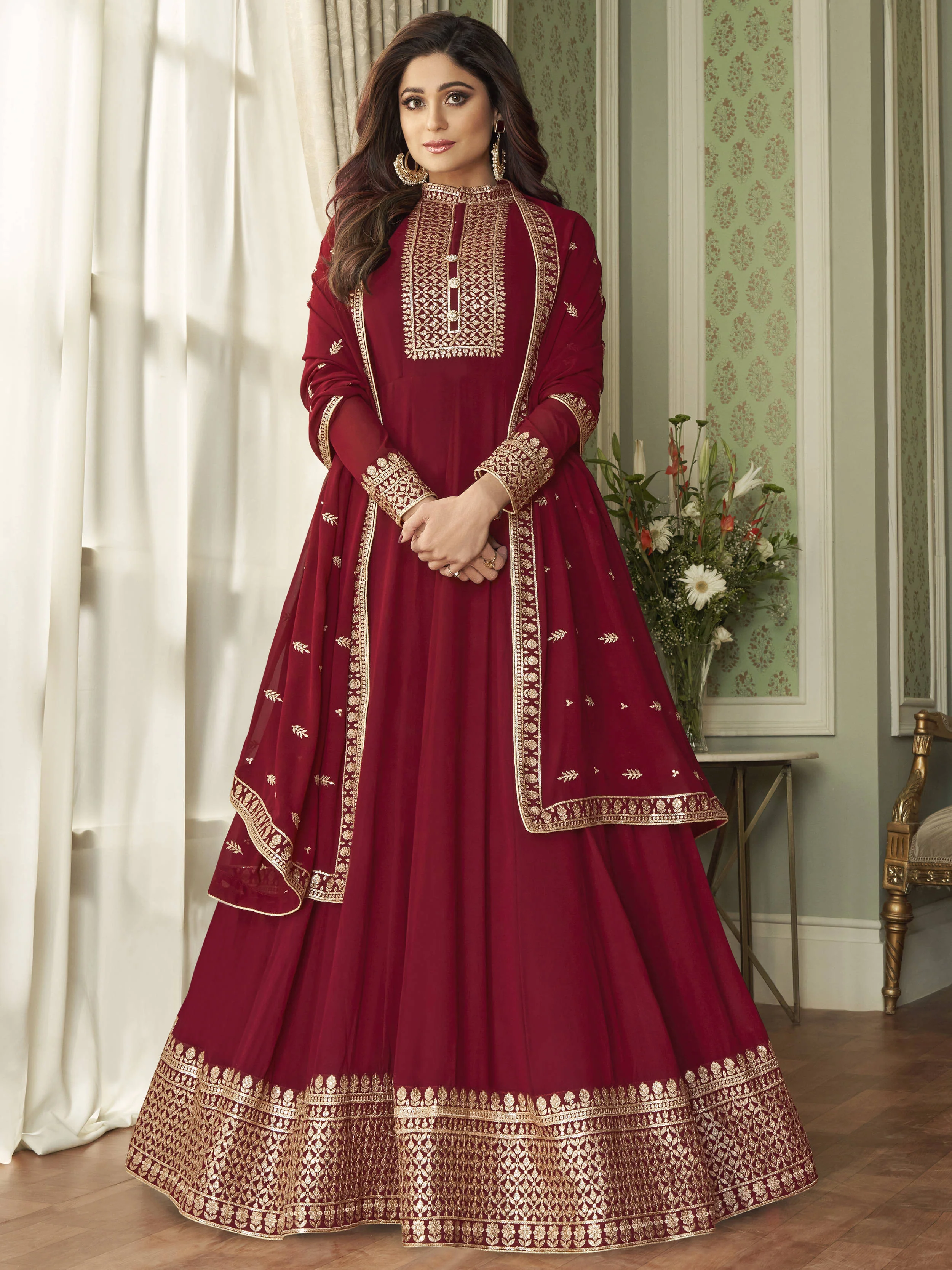 Bollywood Style Carmine Red Shamita Shetty Anarkali Suit