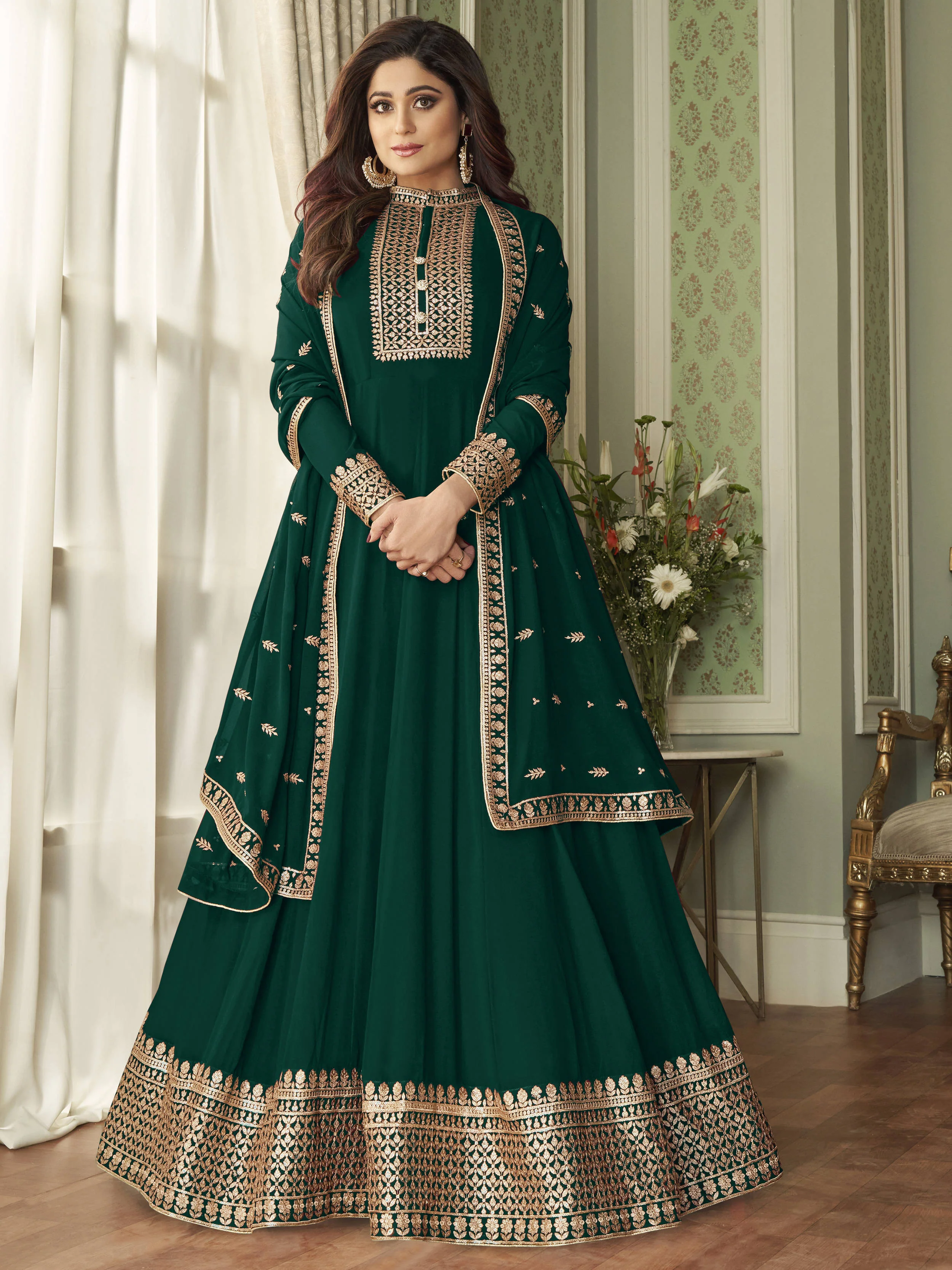 Bollywood Style Dark Green Shamita Shetty Anarkali Suit