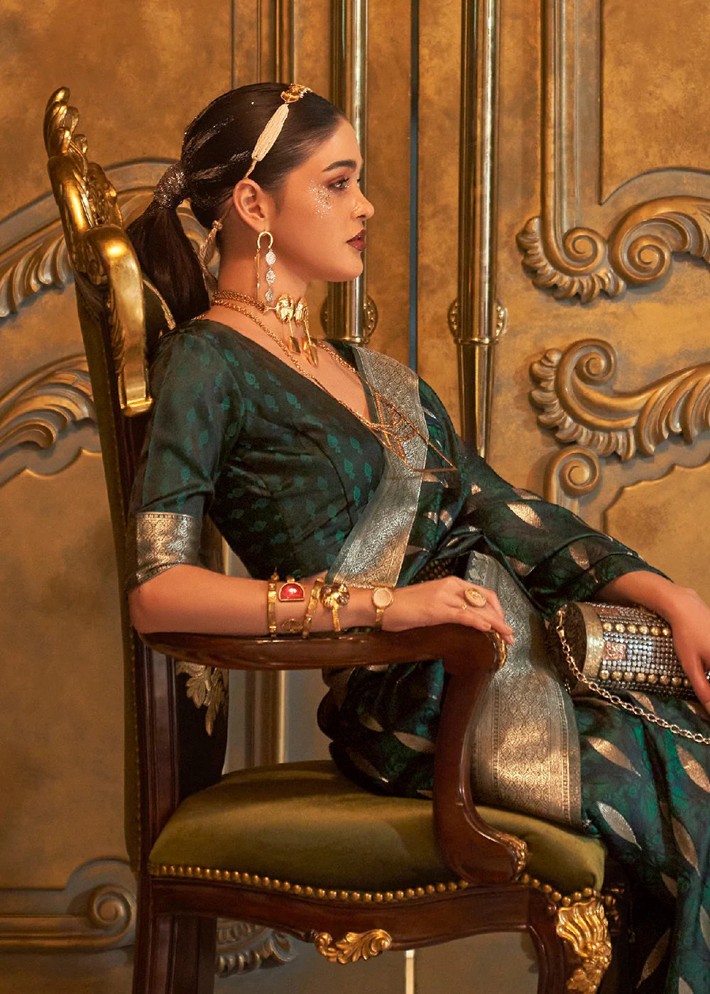 Bollywood Style Exquisite Bottle-Green Pure Satin Silk Saree - Image 2