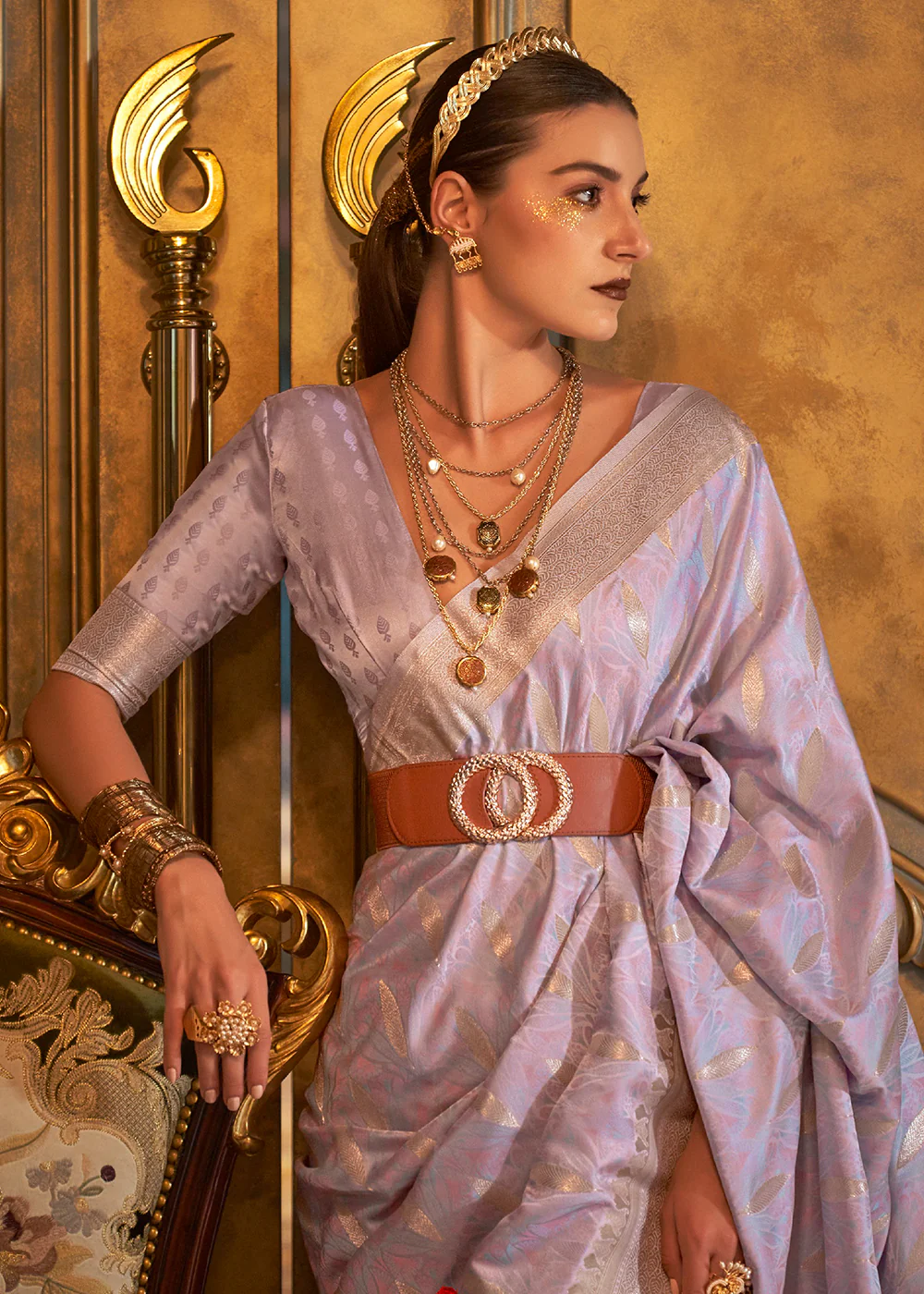Bollywood Style Spectacular Lavender Pure Satin Silk Saree - Image 2