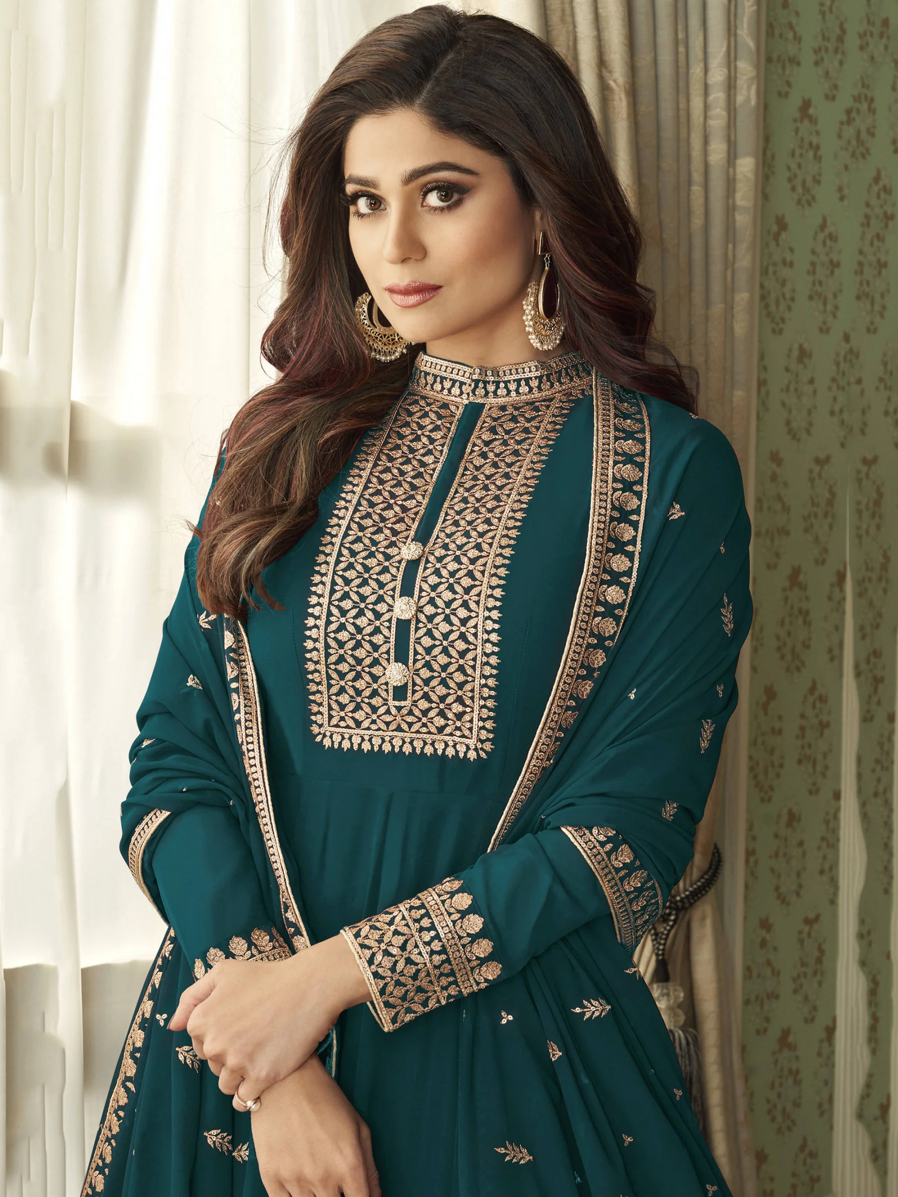 Bollywood Style Teal Blue Shamita Shetty Anarkali Suit - Image 2