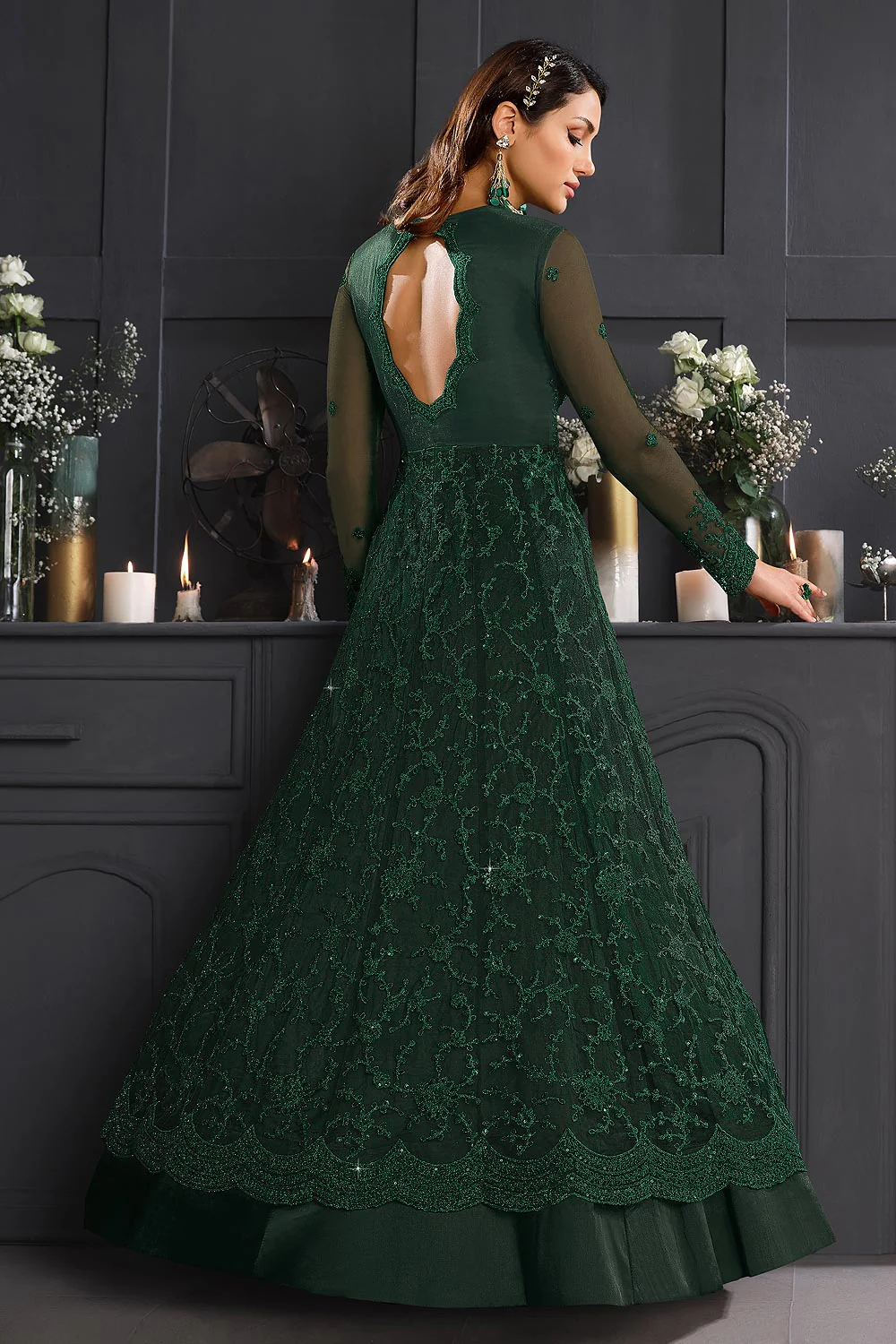 Bottle Green Butterfly Net Wedding Anarkali Suit - Image 4