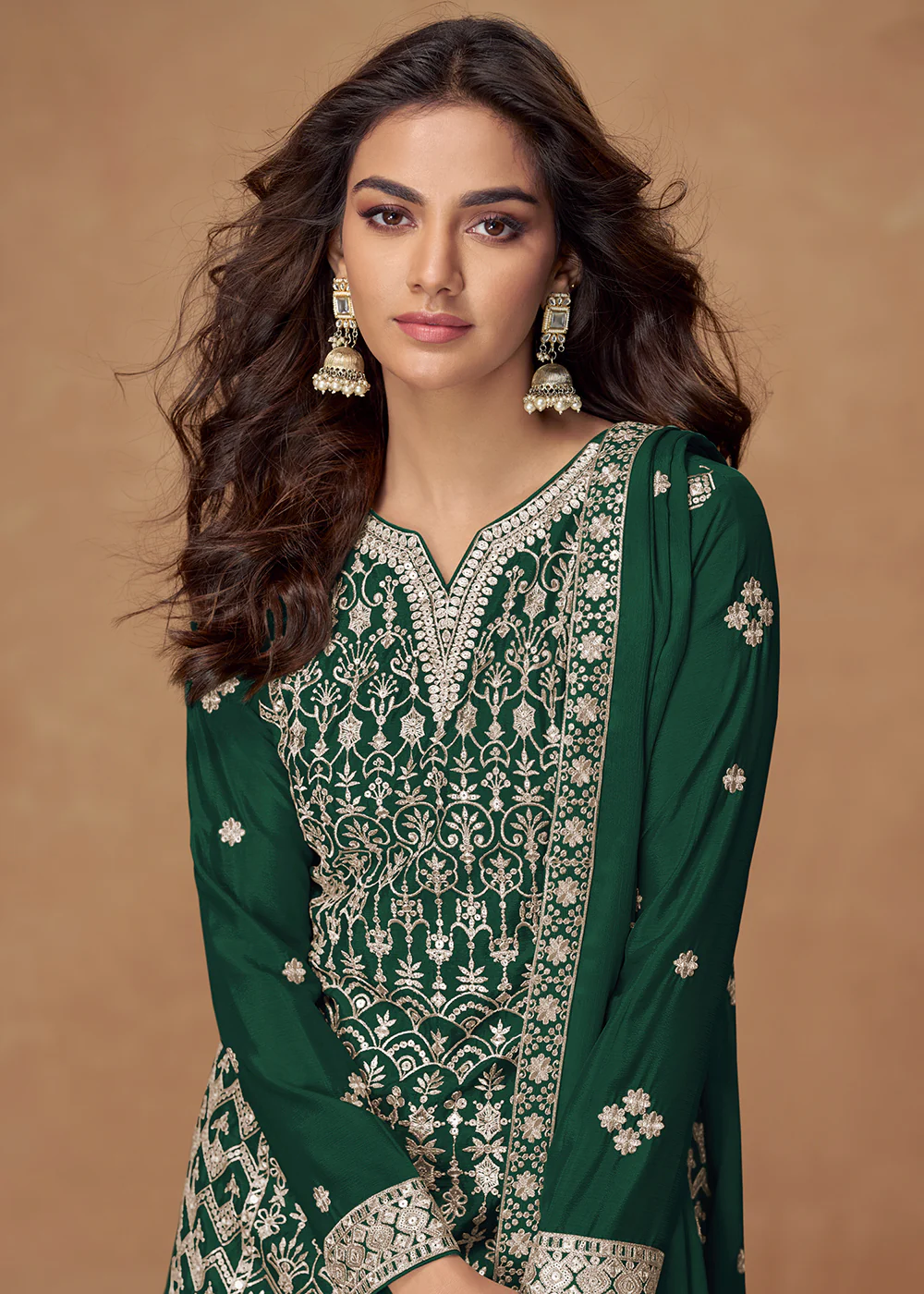Bottle Green Chinnon Silk Embroidered Palazzo Suit - Image 2