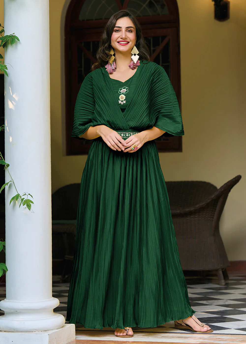 Bottle Green Chinon Party Wear Crushed Gown