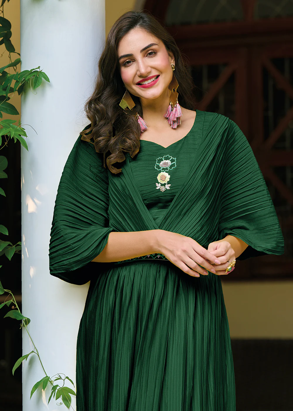Bottle Green Chinon Party Wear Crushed Gown - Image 2