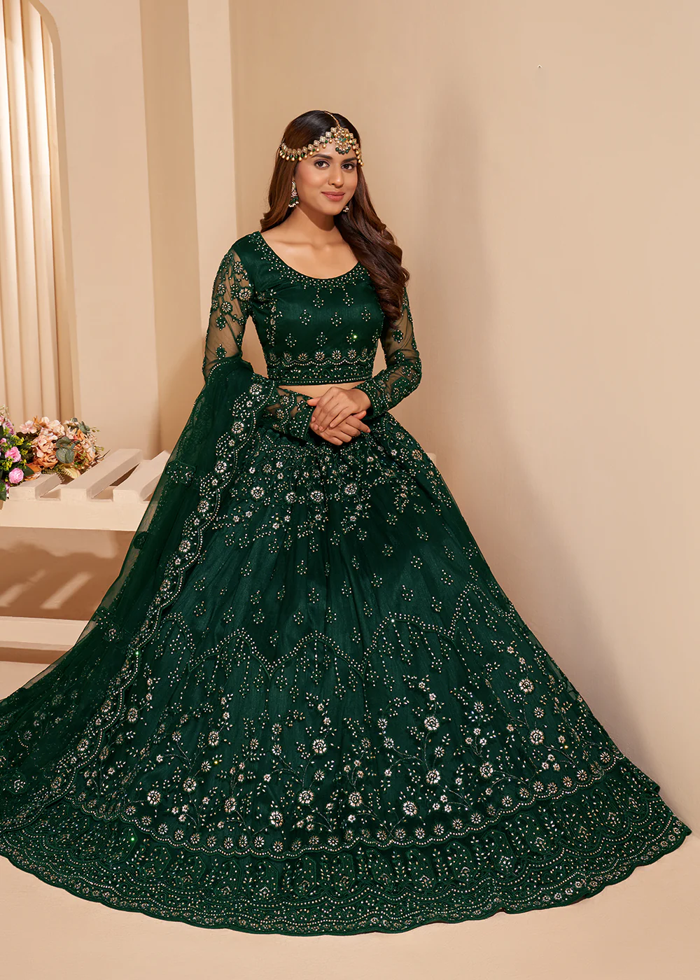 Bottle Green Designer Bridesmaids Wedding Lehenga Choli - Image 3