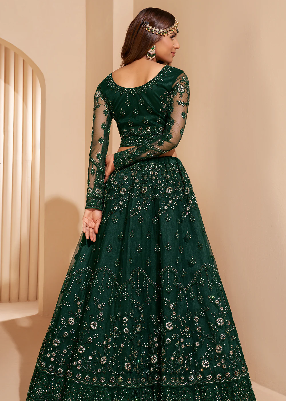 Bottle Green Designer Bridesmaids Wedding Lehenga Choli - Image 4