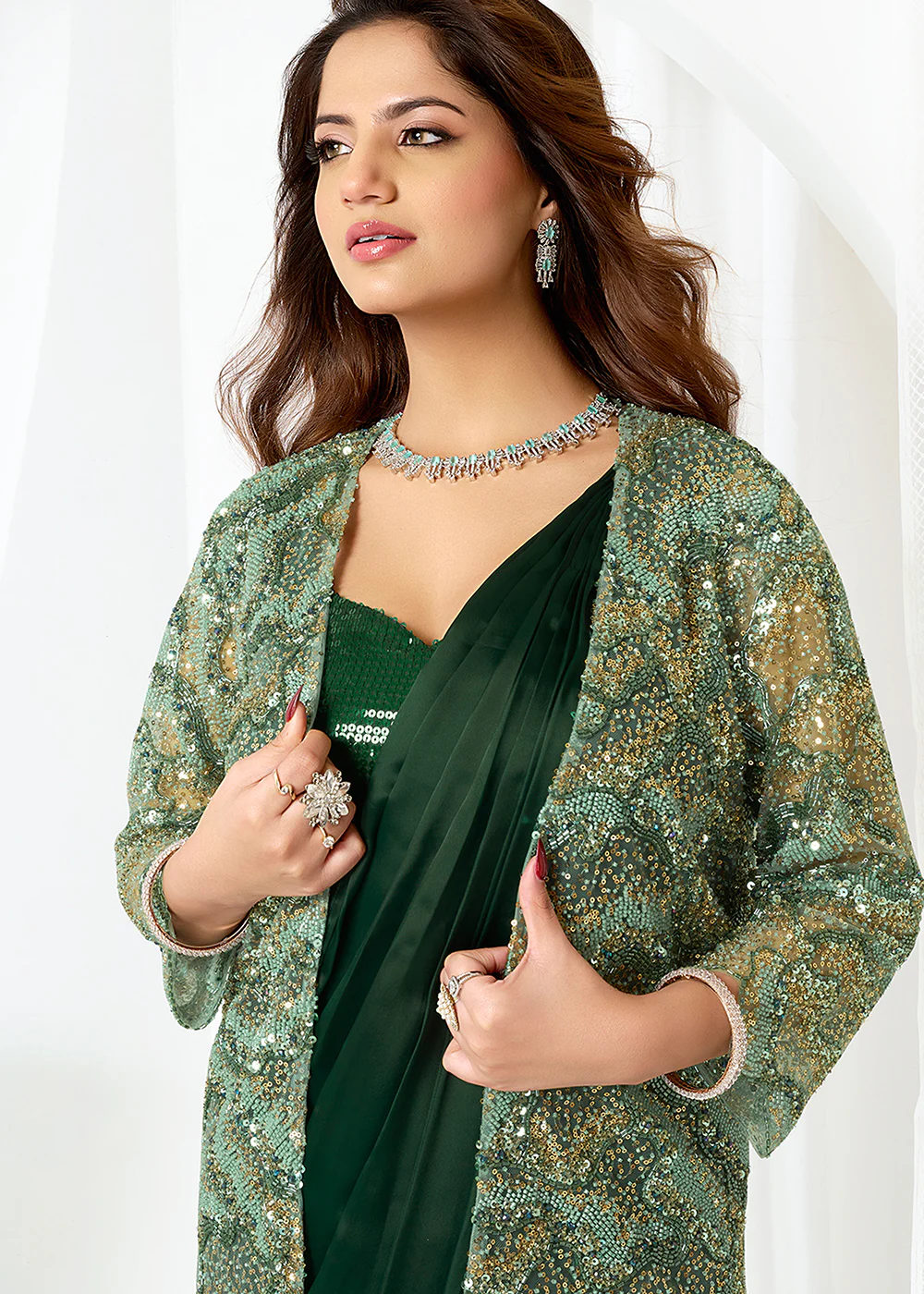 Bottle Green Fancy Material Designer Party Wear Saree - Image 2