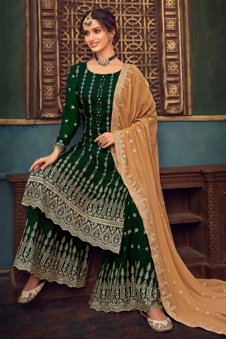 Bottle Green Faux Georgette Pakistani Sharara Suit - Image 2