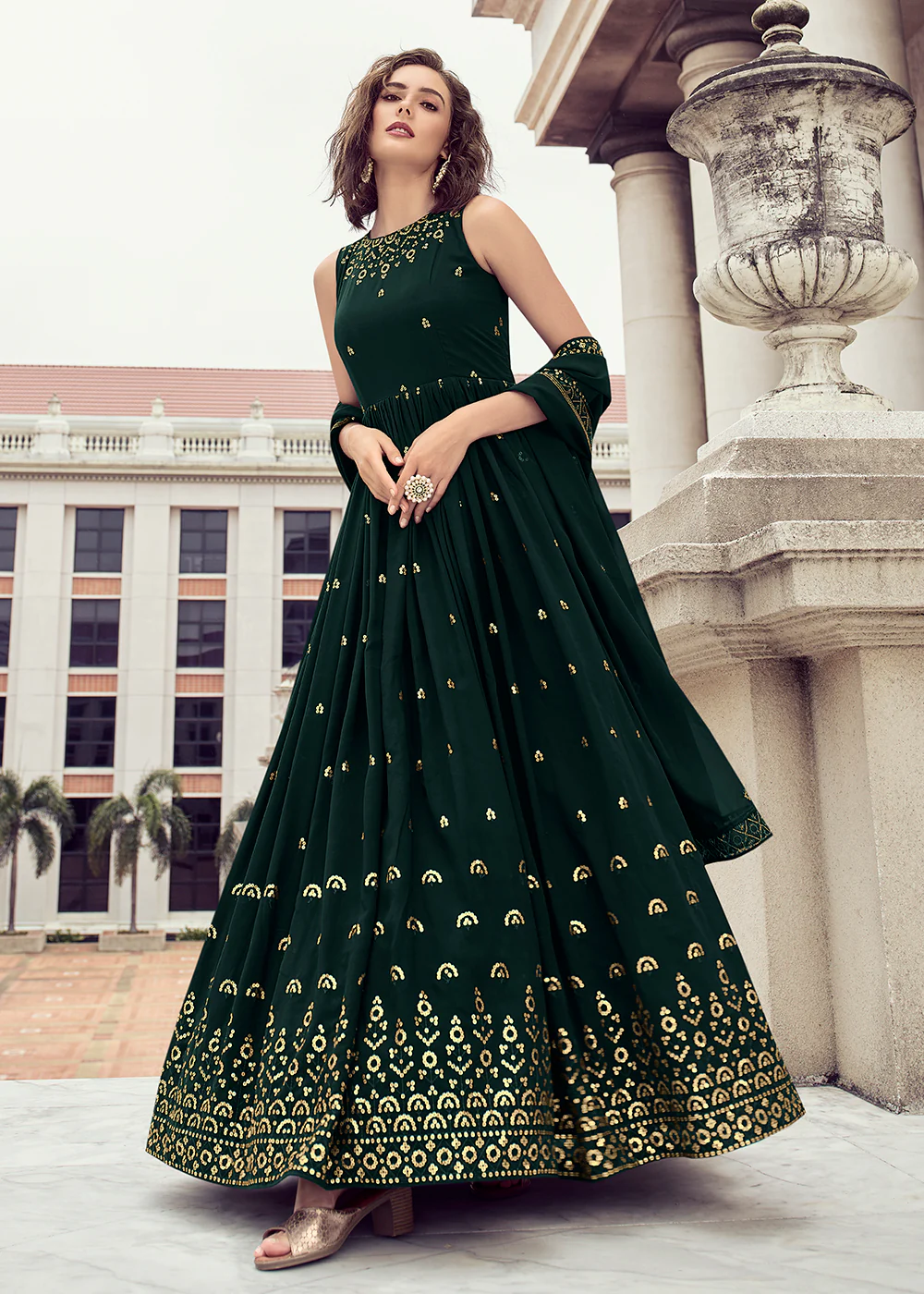 Bottle Green Georgette Thread & Sequins Wedding Party Gown