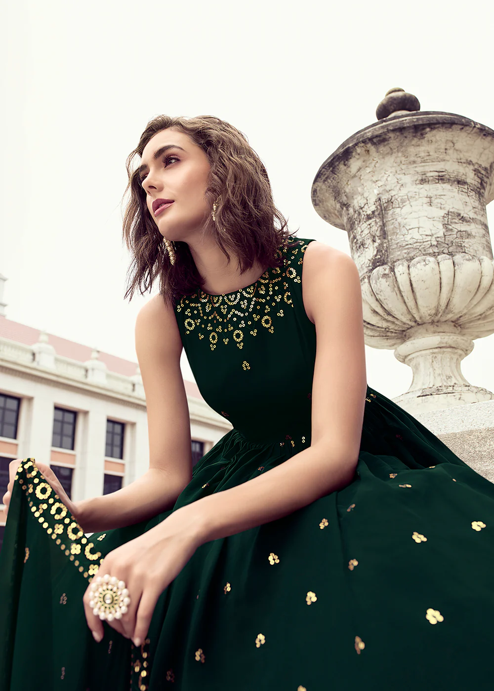 Bottle Green Georgette Thread & Sequins Wedding Party Gown - Image 2