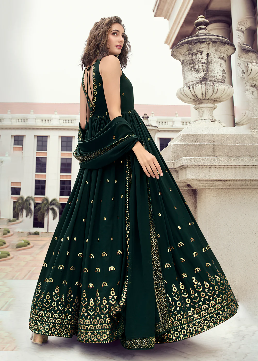 Bottle Green Georgette Thread & Sequins Wedding Party Gown - Image 4