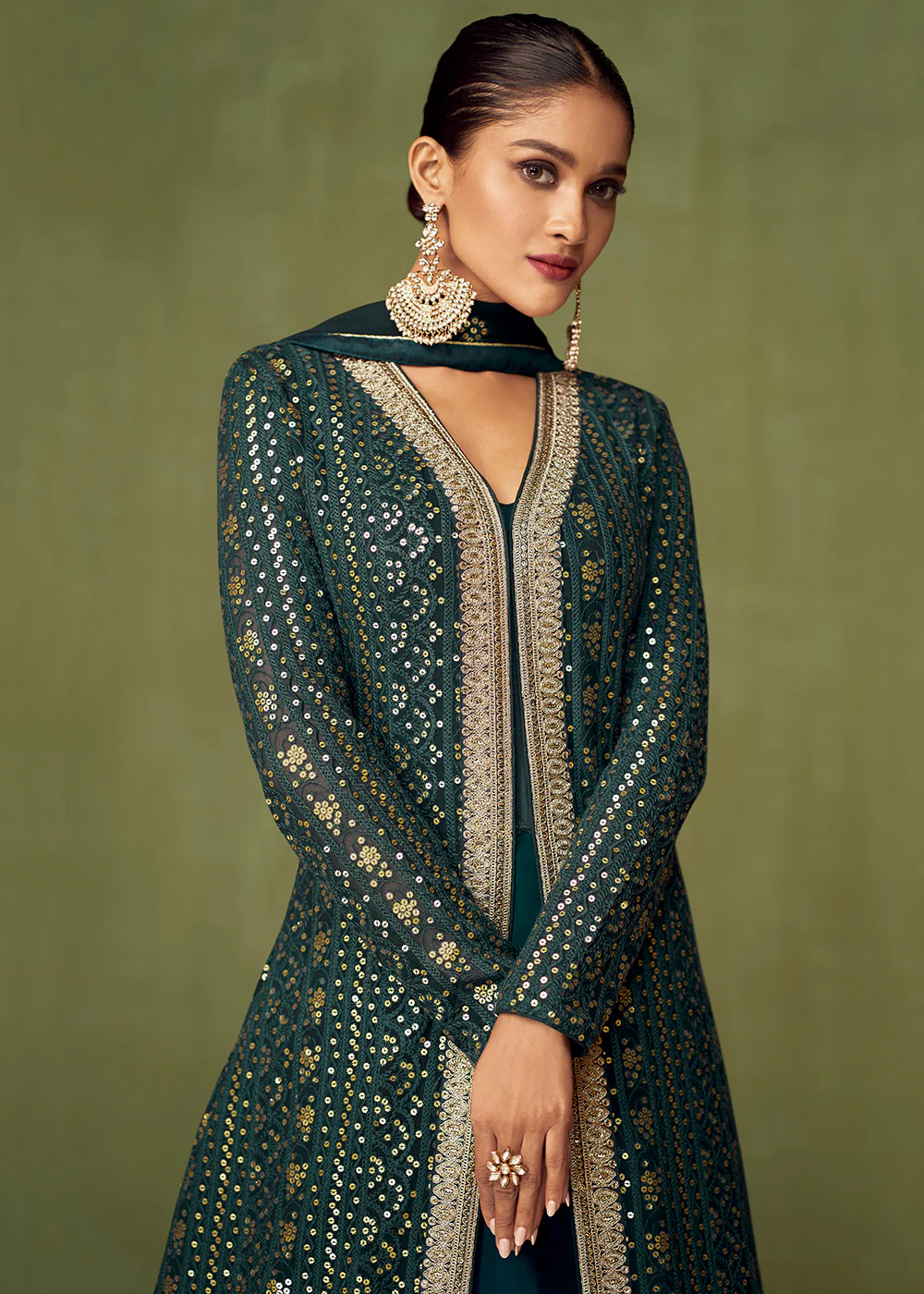 Bottle Green Georgette Wedding Party Skirt Anarkali Suit - Image 2