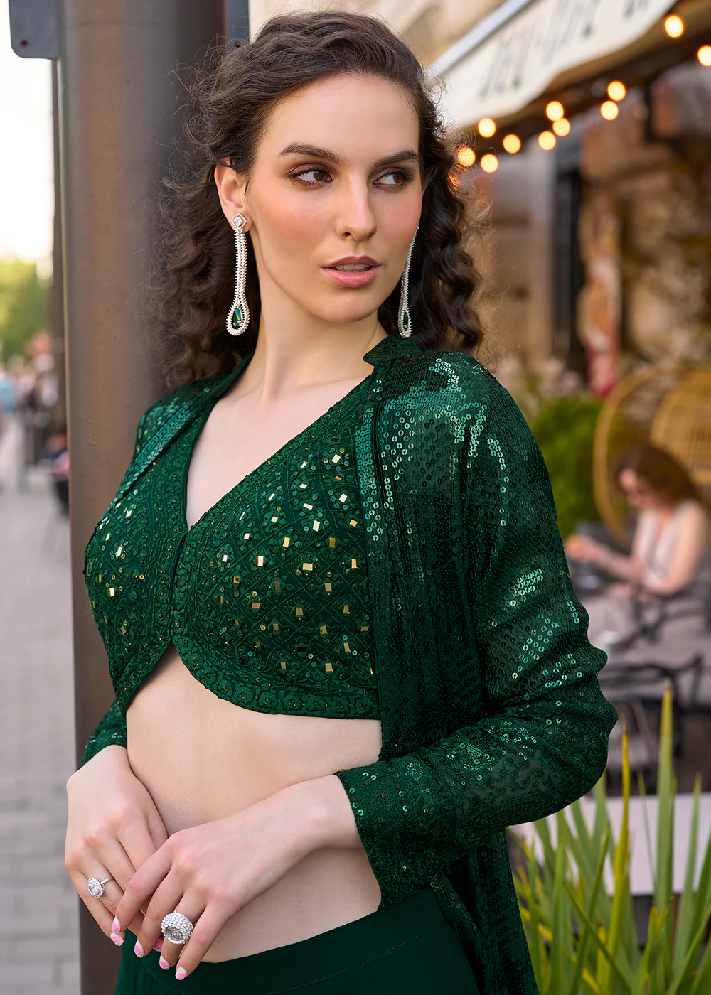 Bottle Green Jacket & Crop Top Style Indo Western Suit - Image 2