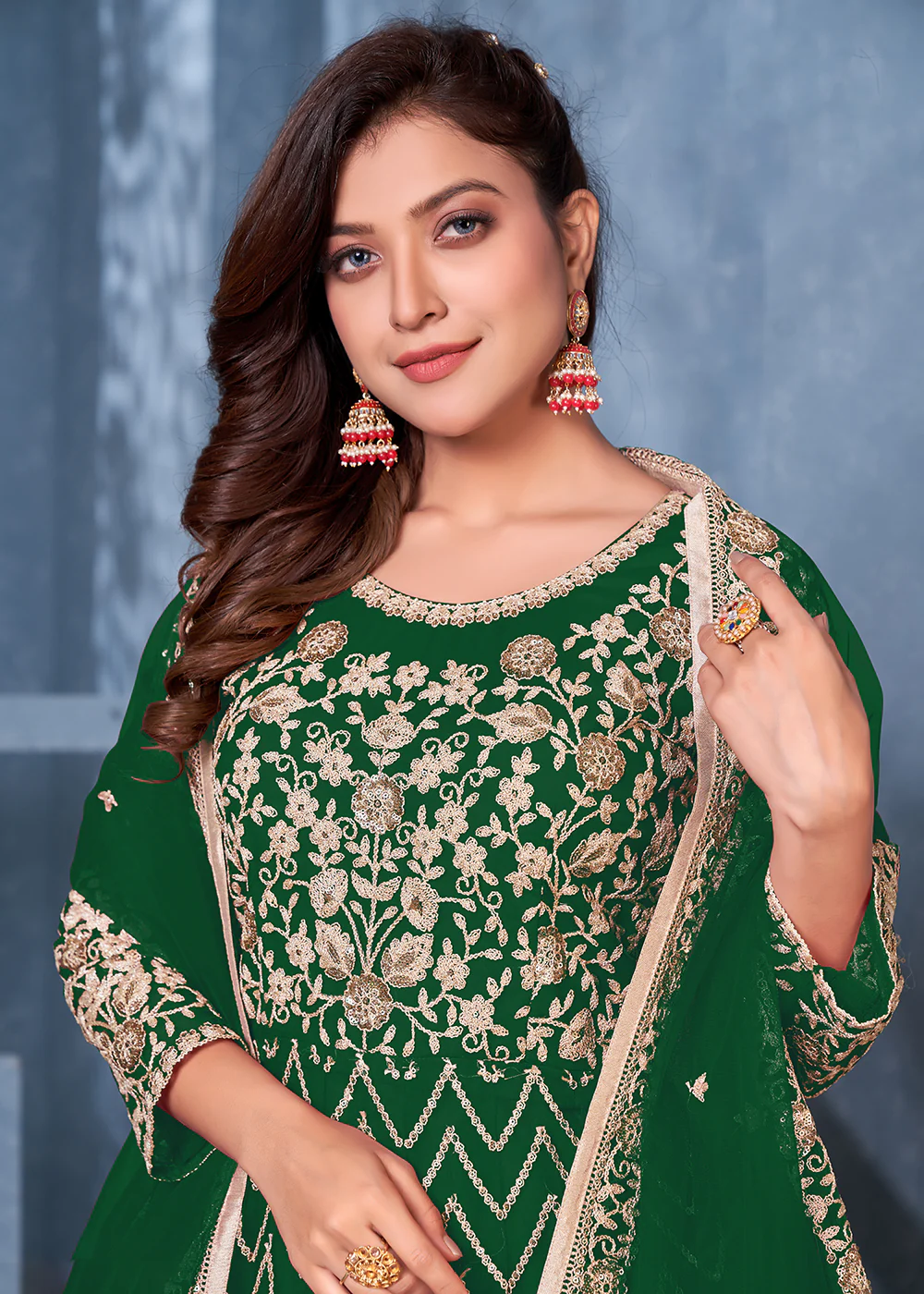 Bottle Green Net Abaya Style Heavy Embroidered Anarkali Suit - Image 2