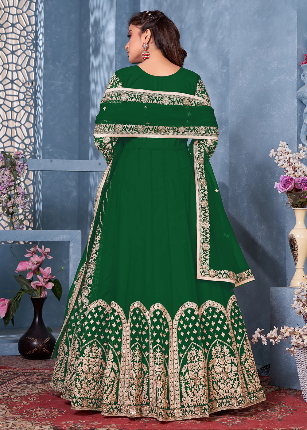 Bottle Green Net Abaya Style Heavy Embroidered Anarkali Suit - Image 3
