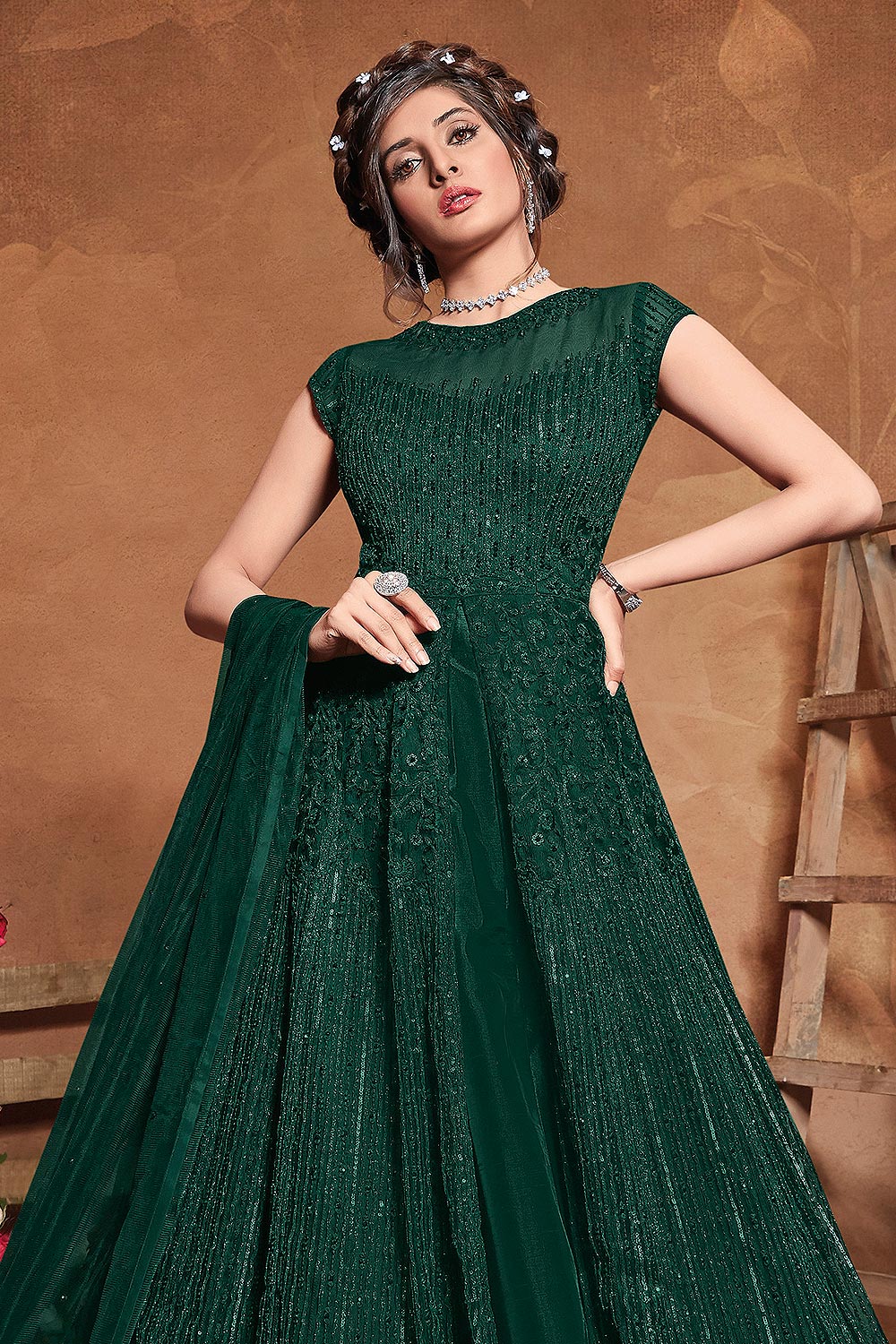 Bottle Green Net Embroidered Floor Length Anarkali Suit - Image 2