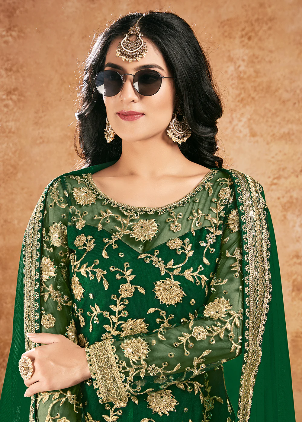 Bottle Green Net Sequins Pakistani Gharara Suit - Image 3