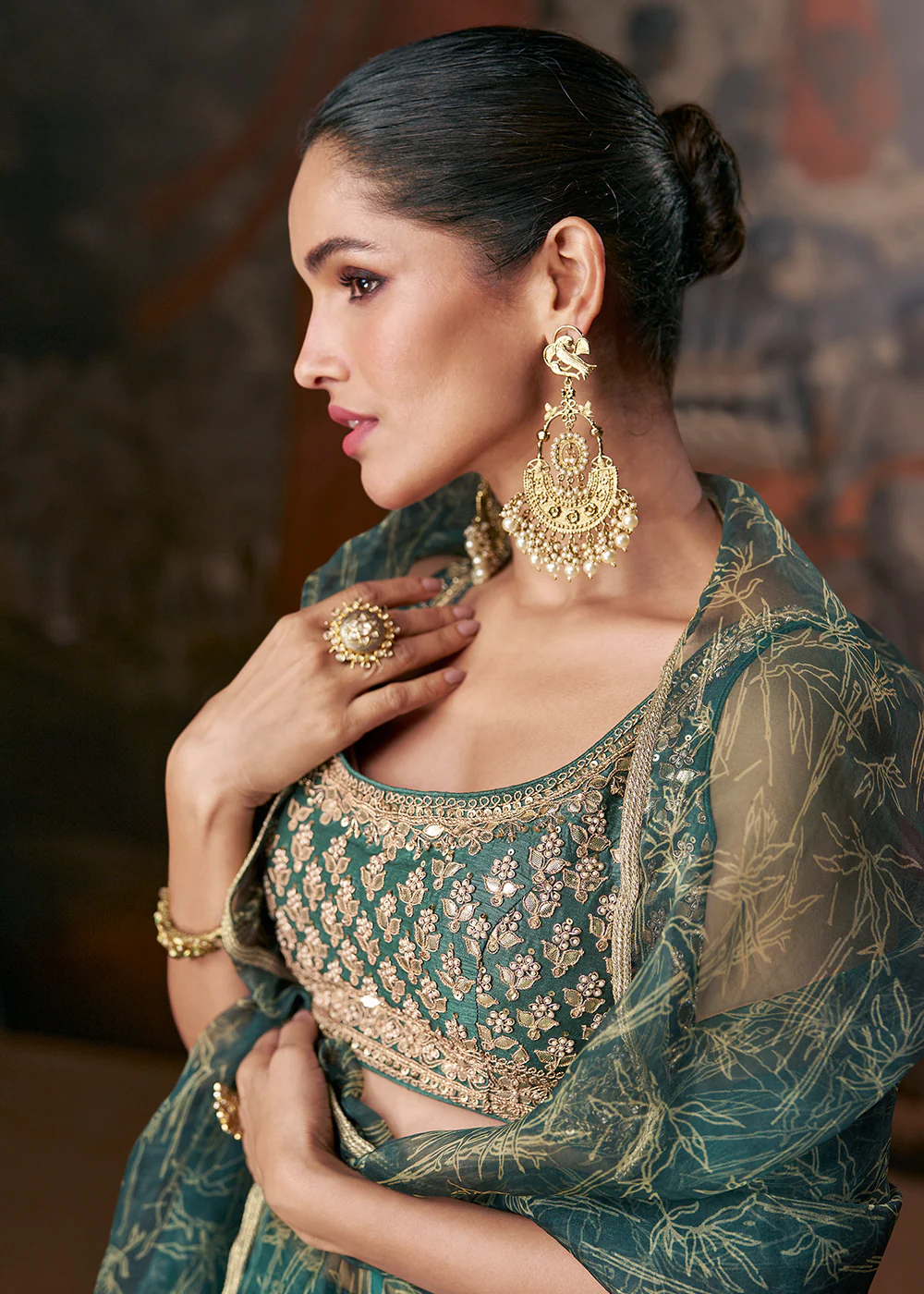 Bottle Green Organza Silk Designer Wedding Lehenga Choli - Image 2