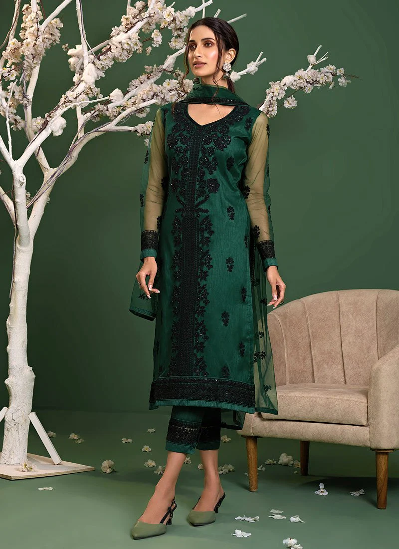 Bottle Green Straight Cut Pakistani Style Pant Suit