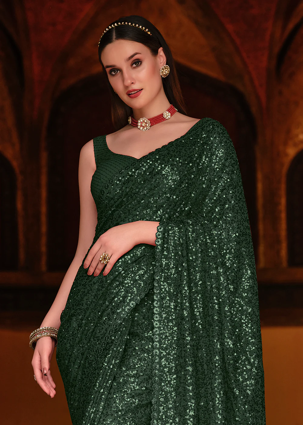 Bottle Green Thread & Sequins Party Wear Designer Saree - Image 2
