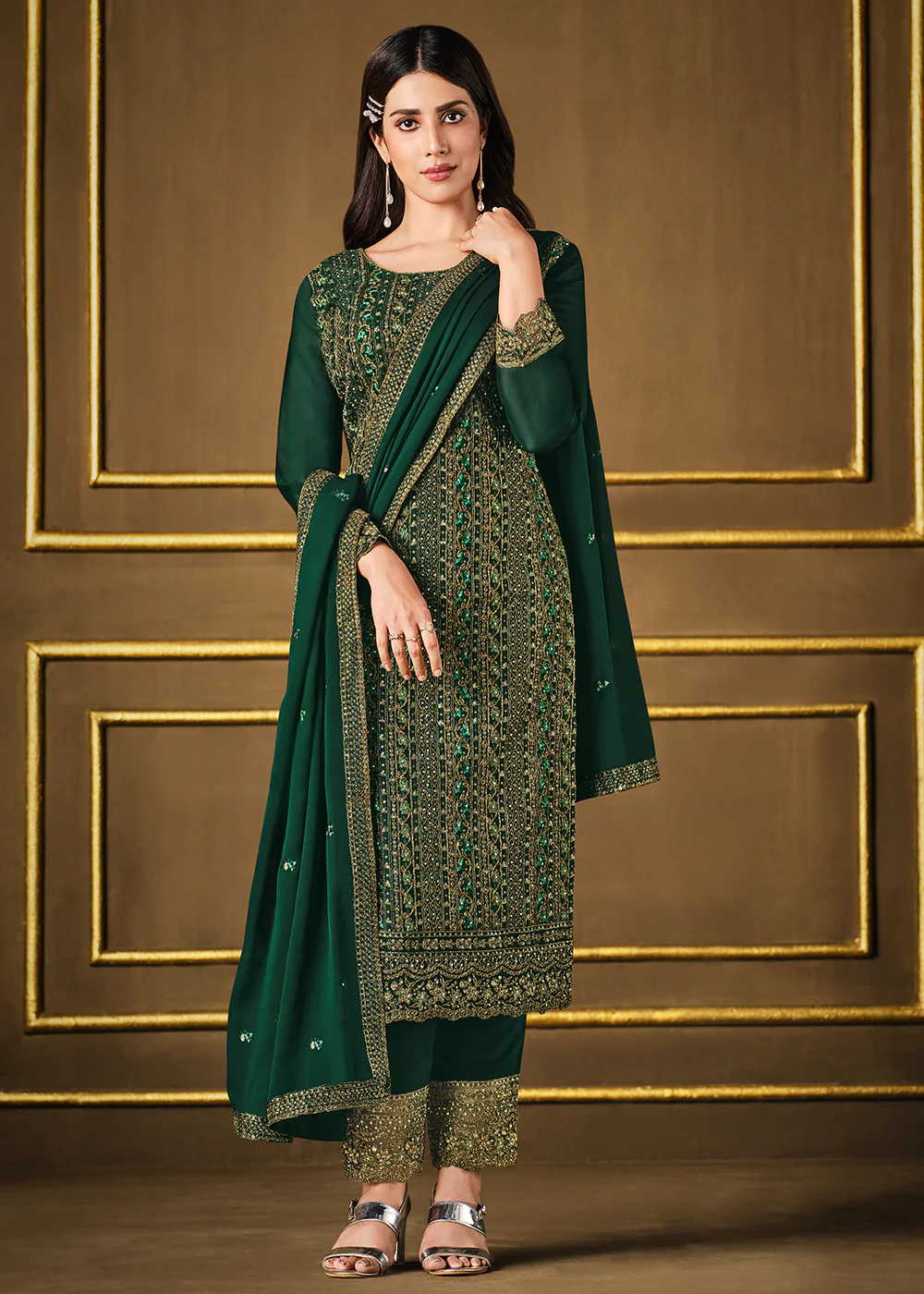 Bottle Green Two Tone Georgette Party Wear Salwar Suit - Image 4