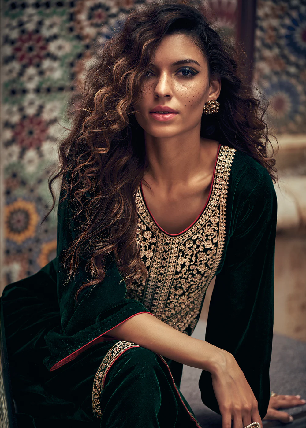 Bottle Green Velvet Embroidered Pant Salwar Suit - Image 2