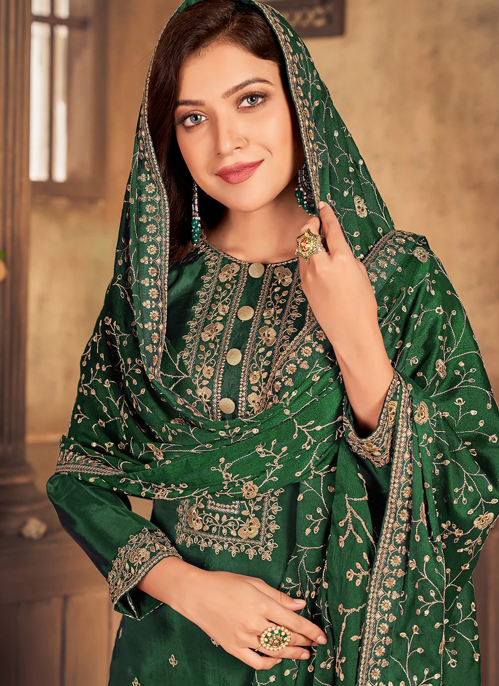 Bottle Green Viscose Embroidered Straight Pant Style Suit - Image 2