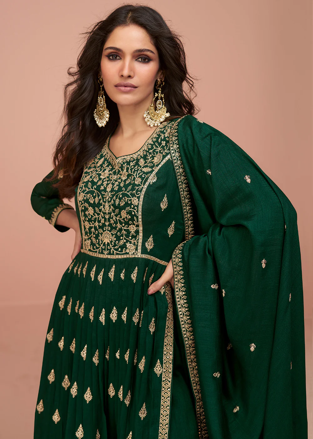 Bottle Green Wedding Wear Silk Trendy Palazzo Suit - Image 2