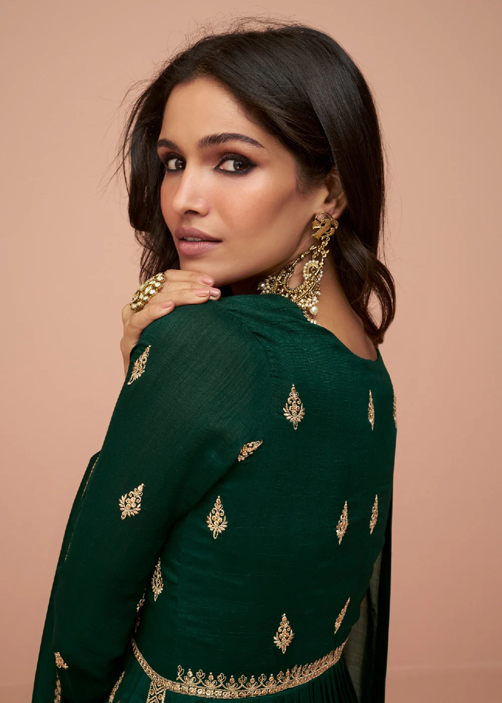Bottle Green Wedding Wear Silk Trendy Palazzo Suit - Image 3