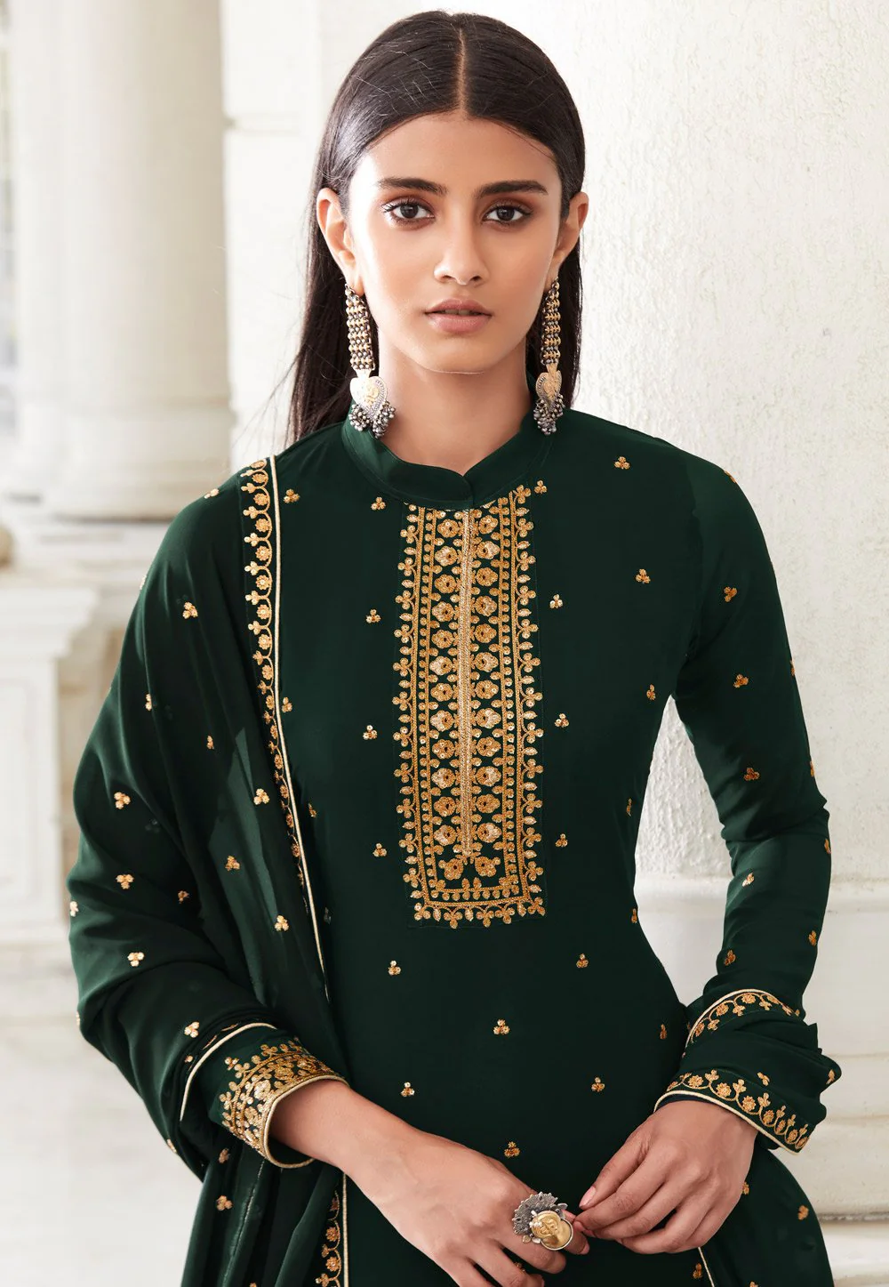 Bottle Green Zari Embroidered Flared Palazzo Suit - Image 2