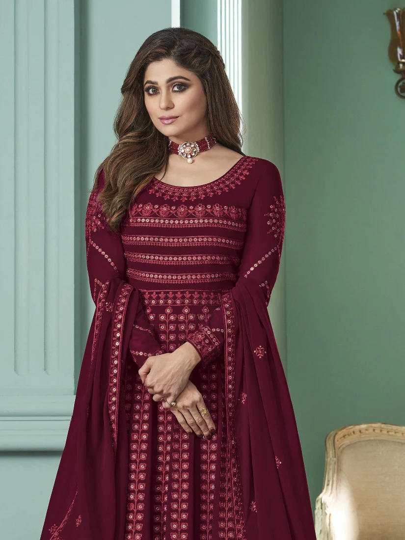 Breathtaking Maroon Anarkali Gown Featuring Shamita Shetty - Image 2