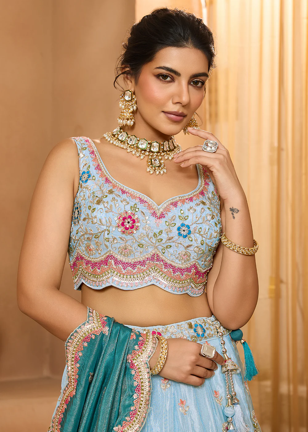 Breathtaking Turquoise Blue Wedding Designer Lehenga Choli - Image 2