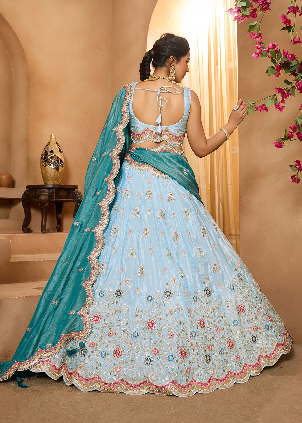 Breathtaking Turquoise Blue Wedding Designer Lehenga Choli - Image 3